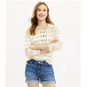 New LOFT Tan White Striped Lace Up Chunky Cozy Sweater size Large